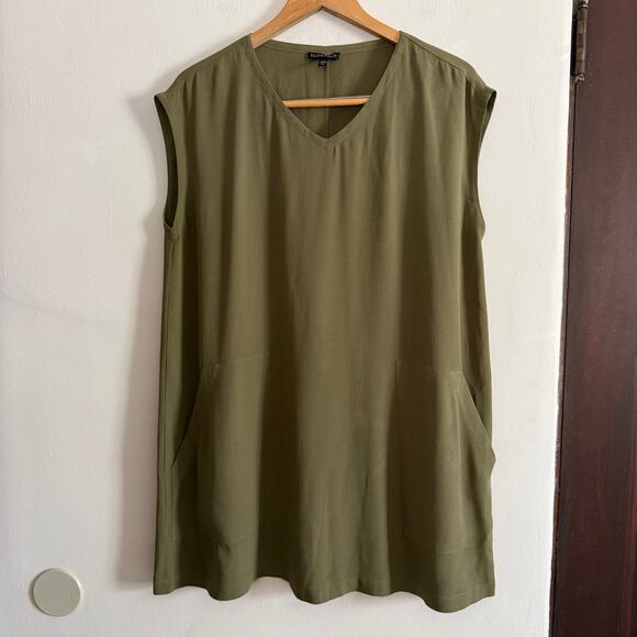Eileen Fisher Dresses & Skirts - EILEEN FISHER Olive Green Silk Crepe Shift Dress Small Petite Boho Lagenlook